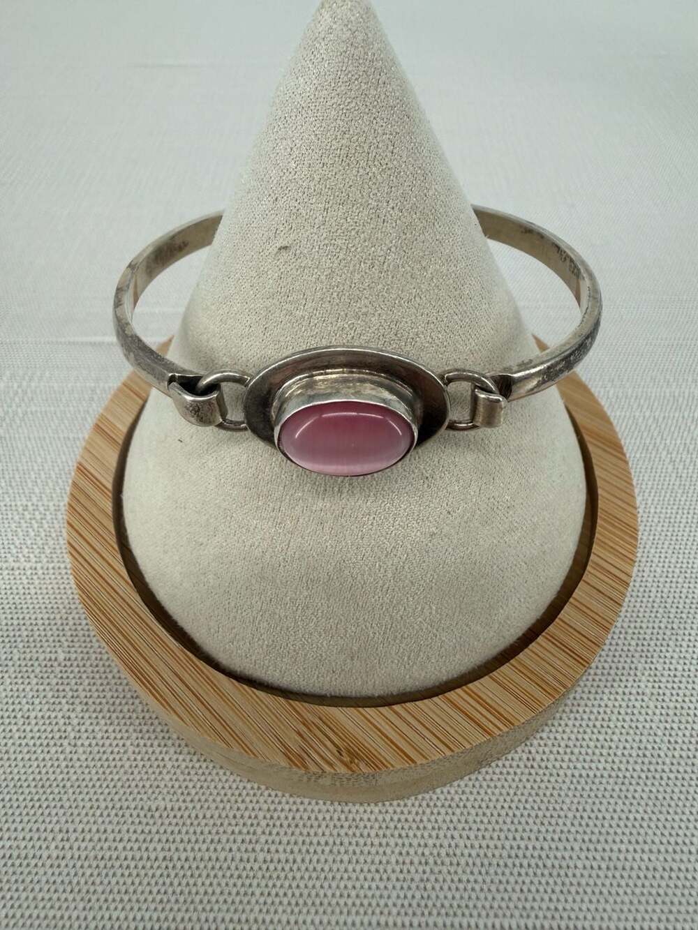 Mexican Sterling Silver 925 Pink Cat's Eye Stone Bangle Bracelet
